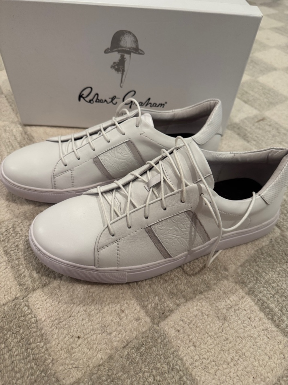 Robert Graham Delgado White Leather Lace-Up Sneakers with Subtle Embossed Panel